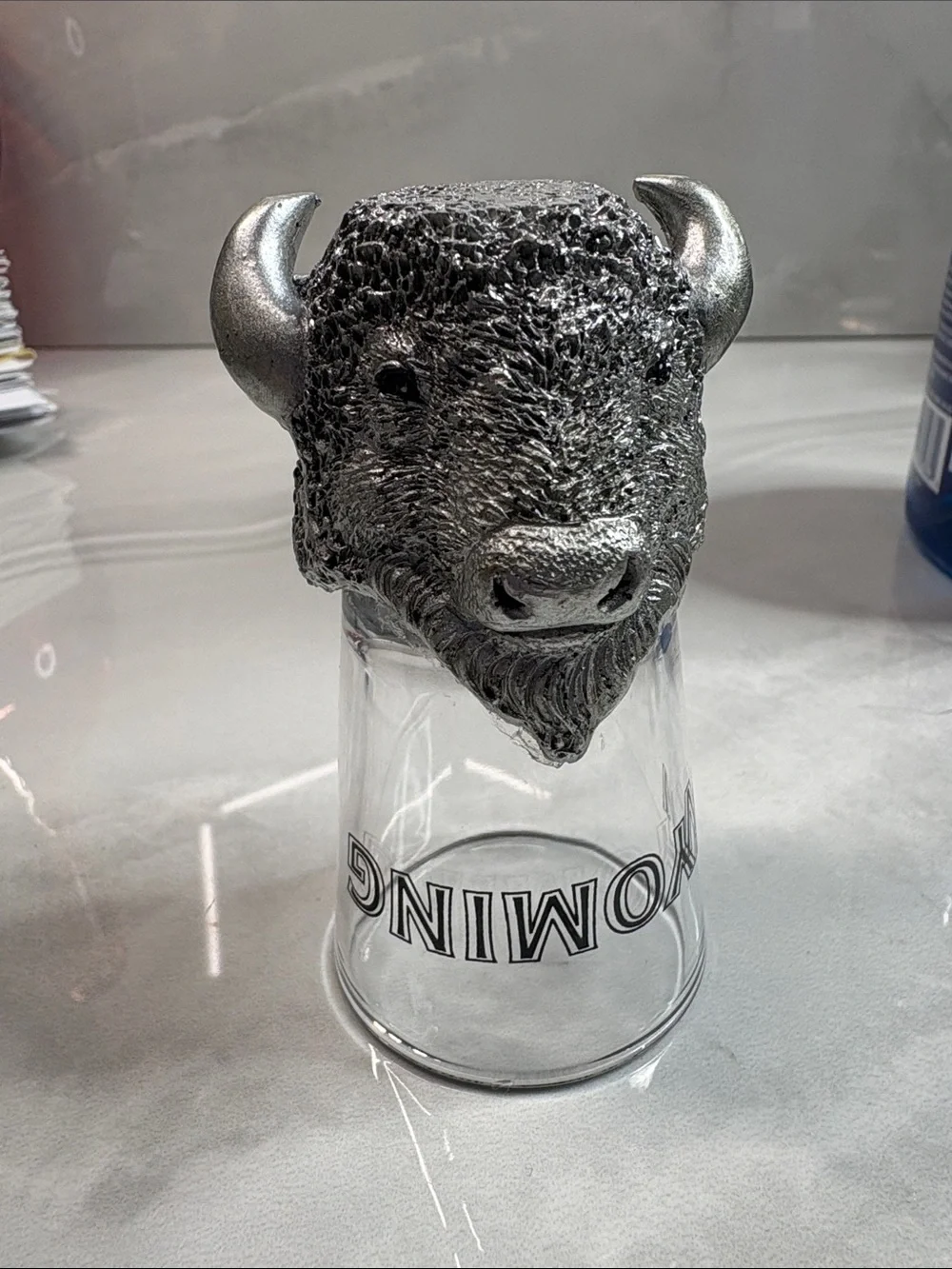 Vintage Wyoming Bison Head Novelty Shot Glass | Resin Buffalo Souvenir | Western
